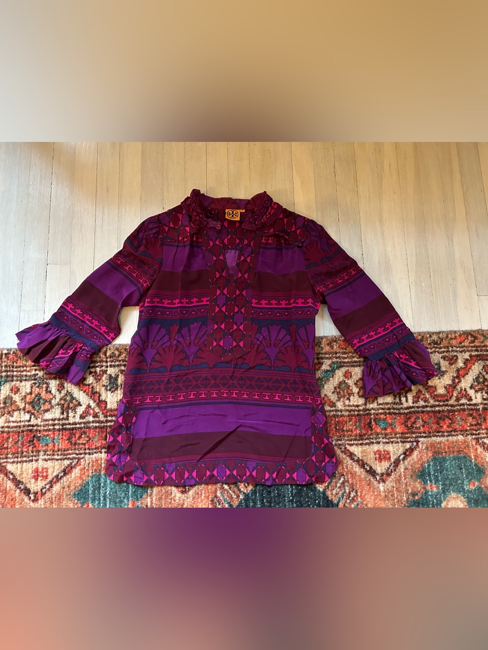 Tory Burch 2010 era Purple Patterned Ruffle-Sleeve Tunic
